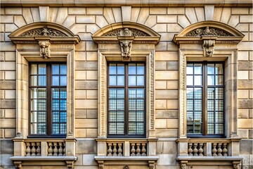 Fototapeta premium Elegant Historical Building Facade with Ornate Window Details and Architectural Stone Work showcasing Timeless Design and Craftsmanship Detailing the Buildings Rich Cultural Heritage