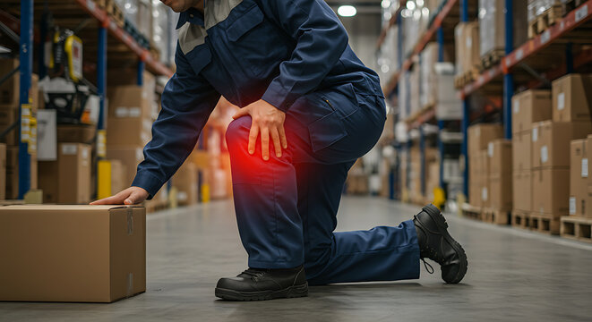 Warehouse Worker Suffers Knee Pain Lifting Box. Workplace Injury, Physical Strain, and Safety Concept.