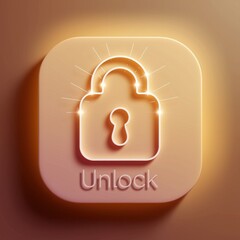 Illuminated unlock icon symbol on a softly lit background representing security and access authentication