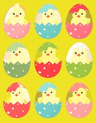 Nine pastel-colored eggs, each with a yellow chick peeking out