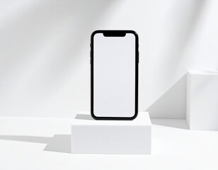A black smartphone rests on white cubic pedestals against a bright white background, showcasing a blank screen.