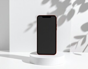 Sleek smartphone displayed on a minimalist white pedestal,  bathed in soft light and leafy shadows.