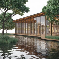 Modern architectural masterpiece reflecting serenity in calm water surrounded by lush greenery and mature trees