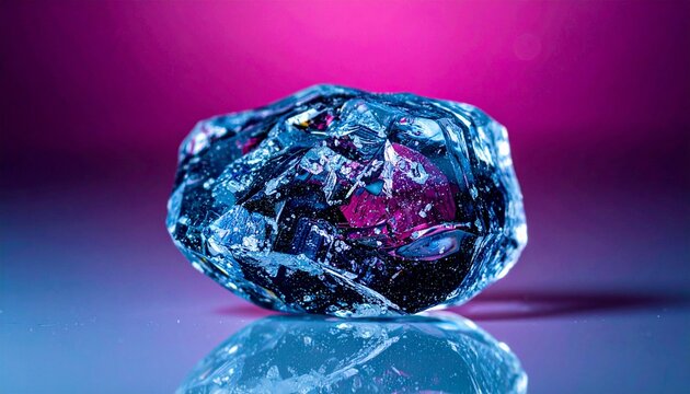 A raw, uncut blue gemstone with crystalline facets sits on a reflective surface against a vibrant pink and purple background.