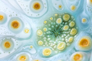 Extreme close-up of bacteria colonies, yellow circles in light blue liquid. Great for science articles, medical reports, or conceptual background themes.