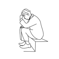 スーツ姿で悩み落ち込む男性をシンプルな線画で描いたベクターイラスト｜ビジネスシーンのストレスや困難を表現したシンプルなモノクロ人物素材