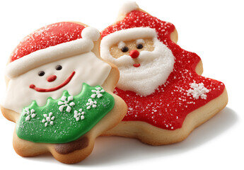 christmas gingerbread cookies, Icing Cookie with Santa, Tree and snow man Designs isolated on transparent and white background. PNG