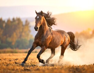 Obraz premium Powerful brown horse galloping in golden light across a field