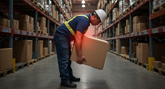 Warehouse worker experiencing back pain from improper heavy box lifting. Workplace safety and ergonomic risk. - Powered by Adobe