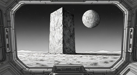 Mysterious Monolith and Moonlike Sphere Observed Through Spaceship Window on Alien Planet Surface