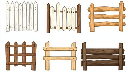 61.A playful cartoon illustration featuring a variety of wooden fences in different styles, including classic white picket, rustic post-and-rail, and solid paneled sections. Each fence is drawn in a