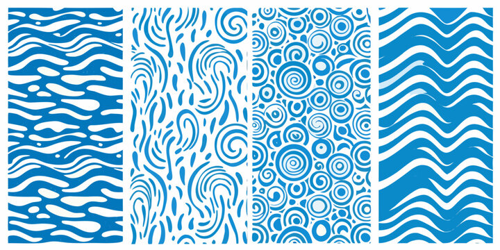 Four abstract blue and white seamless patterns with organic wavy and swirling designs