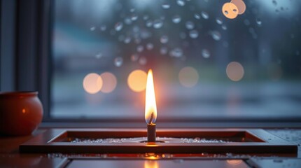 Burning Candle at Window.