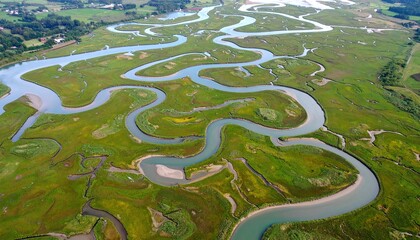 Aerial View of a Braided River Delta with Teal Channels