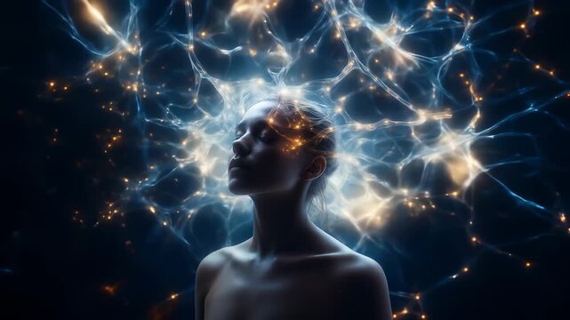 Glowing neural connections and sparks illuminating womans brain, symbolizing mental energy and dark cosmic light, evoking serene thoughts, mystical brain activity, and cosmic energy flow through