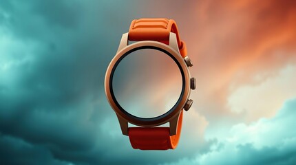 Smartwatch Orange Strap Cloudy Sky.