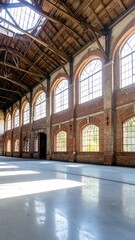 Obraz premium Spacious interior of an old industrial building, featuring high ceilings, a large expanse of arched windows, and a polished floor.