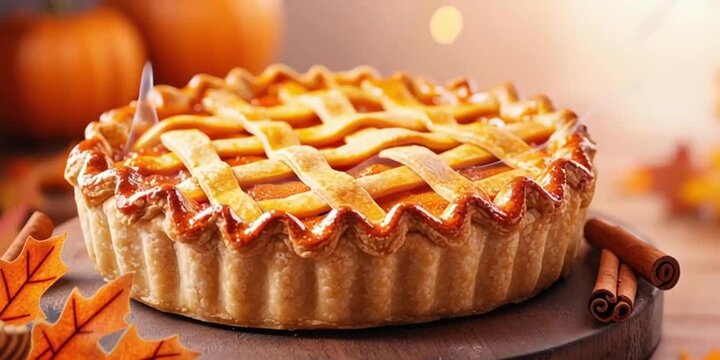 Freshly baked apple pie with autumn decor