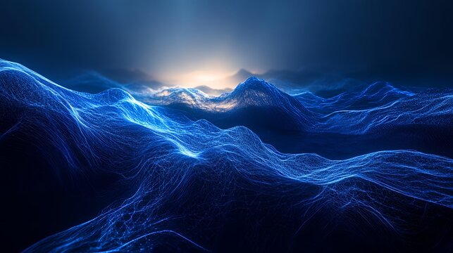 Abstract blue digital landscape with glowing particles and light in background