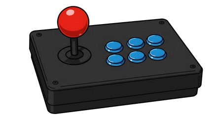 A classic black arcade stick with red and blue buttons. The joystick stands out against a dark background, representing vintage game culture