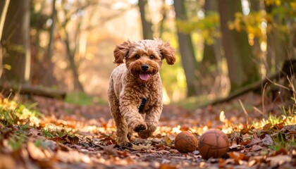 Happy dog running in autumn forest