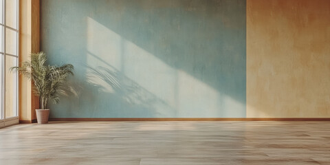 Modern interior design with light wooden floor and minimalist decor in a spacious room with colorful walls