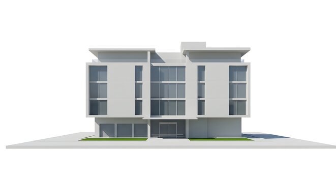 A modern building facade with a contemporary design, with a minimalist aesthetic. The clean lines, large windows, and symmetrical composition create a sense of order and sophistication