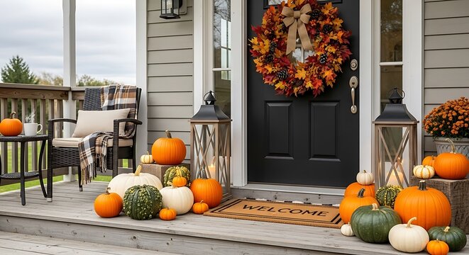 Fall home porch decor with pumpkins, wreath, lanterns, and welcome mat. - Powered by Adobe
