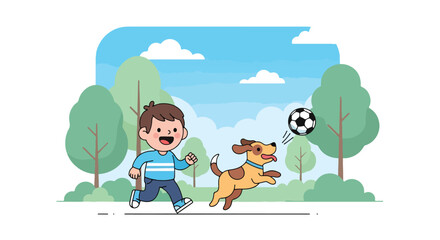 Adobe illustrator artwork vector illustration of a boy and his dog playing soccer in a park, perfect for children's books and educational content