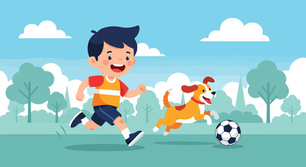 Adobe illustrator artwork vector illustration of a boy and his dog playing soccer in a park, perfect for children's books and educational content