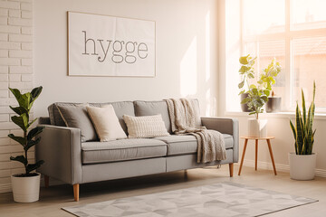 Cozy Living Room with Hygge Sign and Plants bathed in Sunlight sofa couch