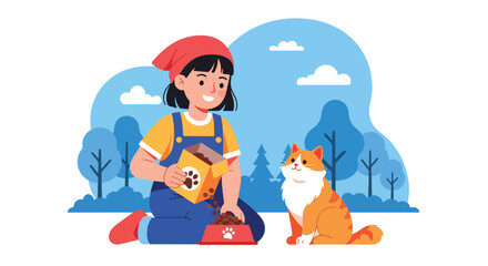 Adobe illustrator artwork vector illustration of a kind girl feeding her happy cat, perfect for themes of pet care, responsibility, and animal companionship