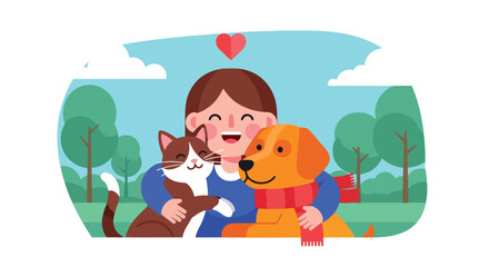 Adobe illustrator artwork vector illustration of a happy girl hugging her cat and dog, symbolizing love, friendship, and the joy of pet companionship