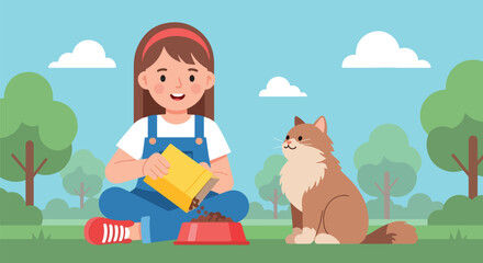 Adobe illustrator artwork vector illustration of a kind girl feeding her happy cat, perfect for themes of pet care, responsibility, and animal companionship