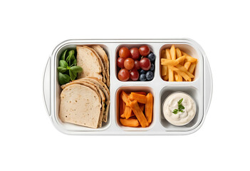Healthy packed lunch on tray for child, School lunch White tray with burger and fruits, Vegetarian menu, Serving tray of healthy food transparent background, Tray with tasty food.