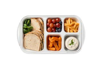 Healthy packed lunch on tray for child, School lunch White tray with burger and fruits, Vegetarian menu, Serving tray of healthy food transparent background, Tray with tasty food.