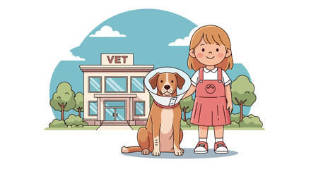 Adobe illustrator artwork vector illustration of a caring girl comforting her dog with a cone at the vet clinic, emphasizing pet health, compassion, and veterinary care