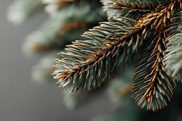 Close-Up of Frosted Evergreen Branch Winter Decor Nature Studio Setting Macro Photography