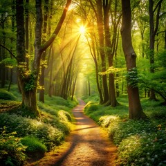 Obraz premium Sunlight filters through tall trees in a serene forest path