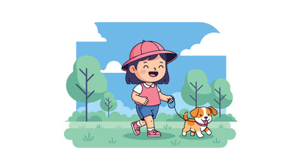 Adobe illustrator artwork vector illustration of a happy girl walking her dog on a leash in a park, perfect for themes of pet ownership, exercise, and outdoor activity