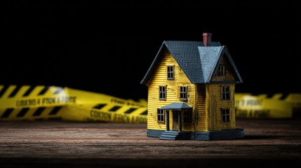 Miniature yellow house on wooden table with caution tape in background representing crime scene concept and investigation