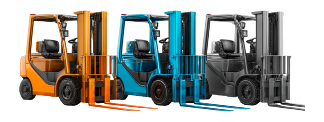 Colorful Industrial Forklifts in a Row for Transportation and Logistics