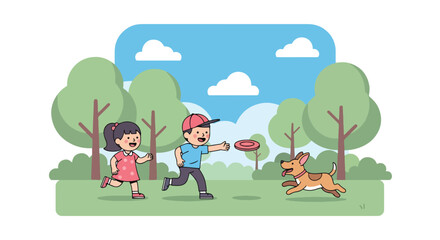 Adobe illustrator artwork vector illustration of happy kids playing frisbee with their dog in a park, perfect for themes of outdoor fun, family, and pet interaction