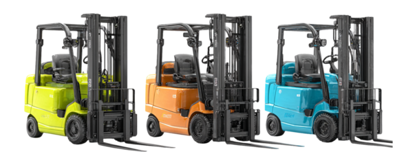 Colorful Electric Forklifts in Industrial Setting for Warehouse Use