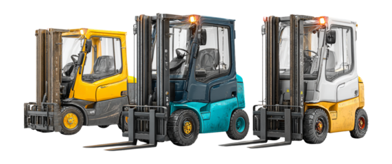 Three Colorful Forklifts in a Warehouse Setting for Industrial Use