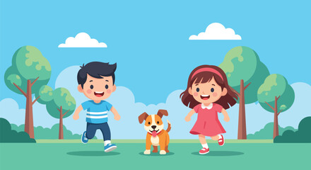 Adobe illustrator artwork vector illustration of happy kids running with their dog in a park, perfect for themes of outdoor play, family, and pet companionship