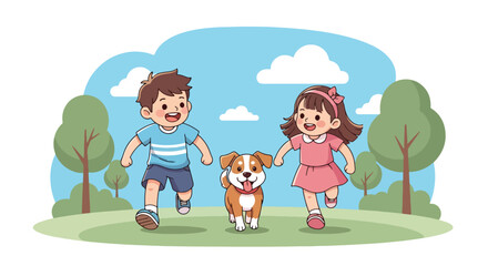 Adobe illustrator artwork vector illustration of happy kids running with their dog in a park, perfect for themes of outdoor play, family, and pet companionship