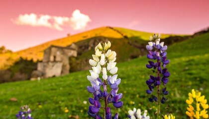 Lupines in a meadow at sunset