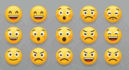 Collection of yellow emoji icons expressing various emotions on a gray background