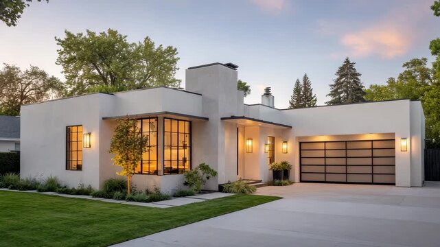 Charming singlestory modern home with stucco exterior, large windows, and attached garage at twilight